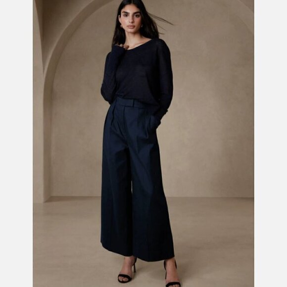 Banana Republic High Rise Cruise Cropped Wide Leg Pants Size 16 Navy Blue RT$130